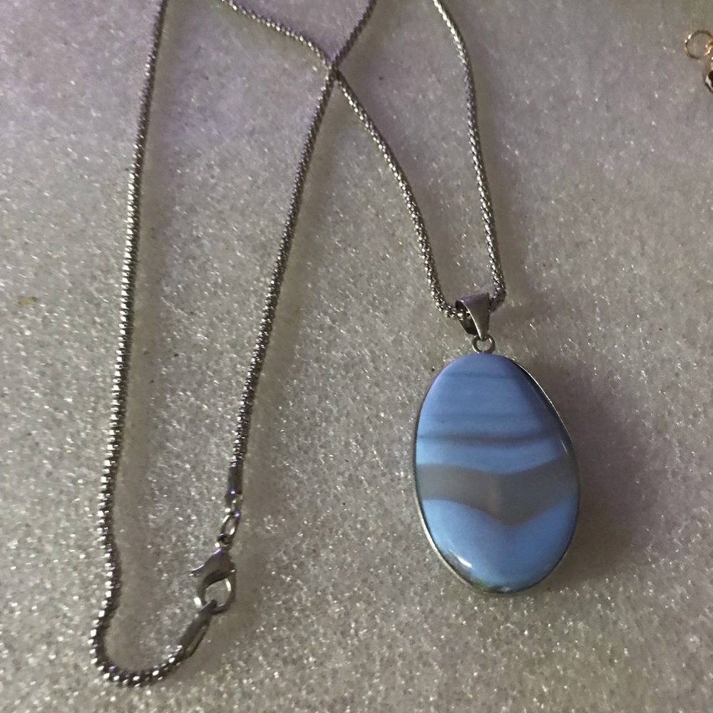 Silver Necklace with Blue Banded Agate Pendant